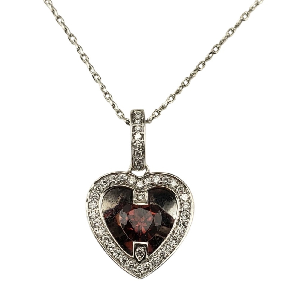14K White Gold Garnet & Diamond Heart Pendant Necklace #21676